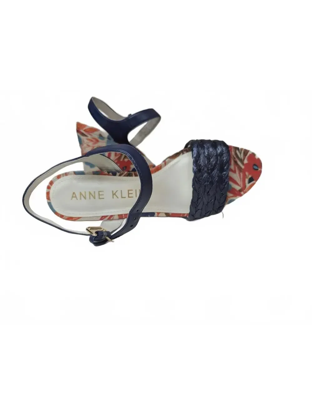 Anne Klein Floral Wedge Sandals Navy Braided Strap Size‎ 9